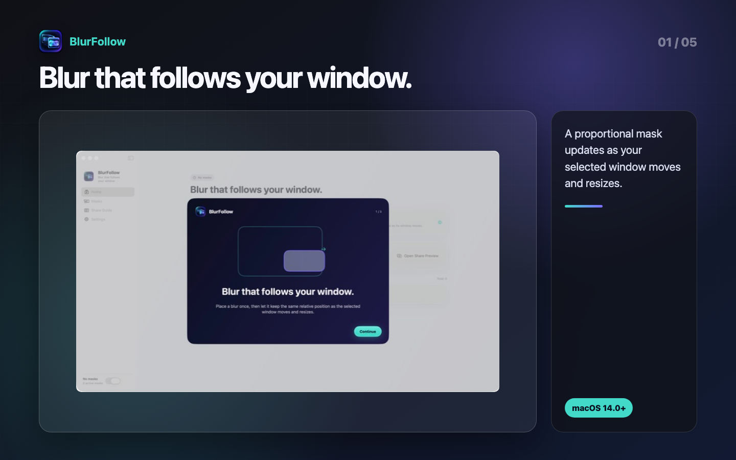 BlurFollow onboarding screen illustrating a proportional mask following a window as it moves and resizes