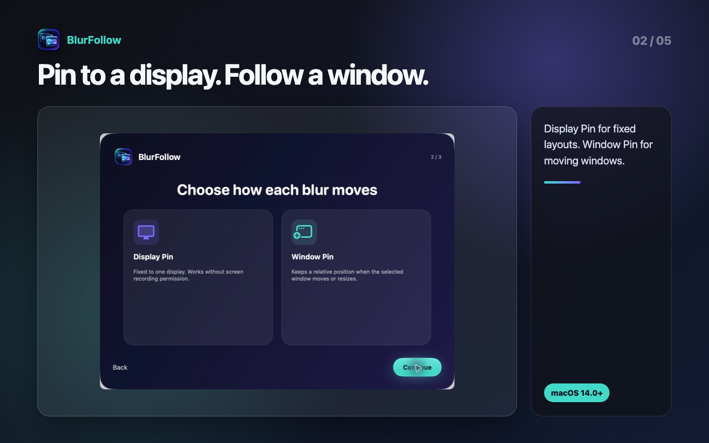 BlurFollow onboarding screen comparing Display Pin and Window Pin