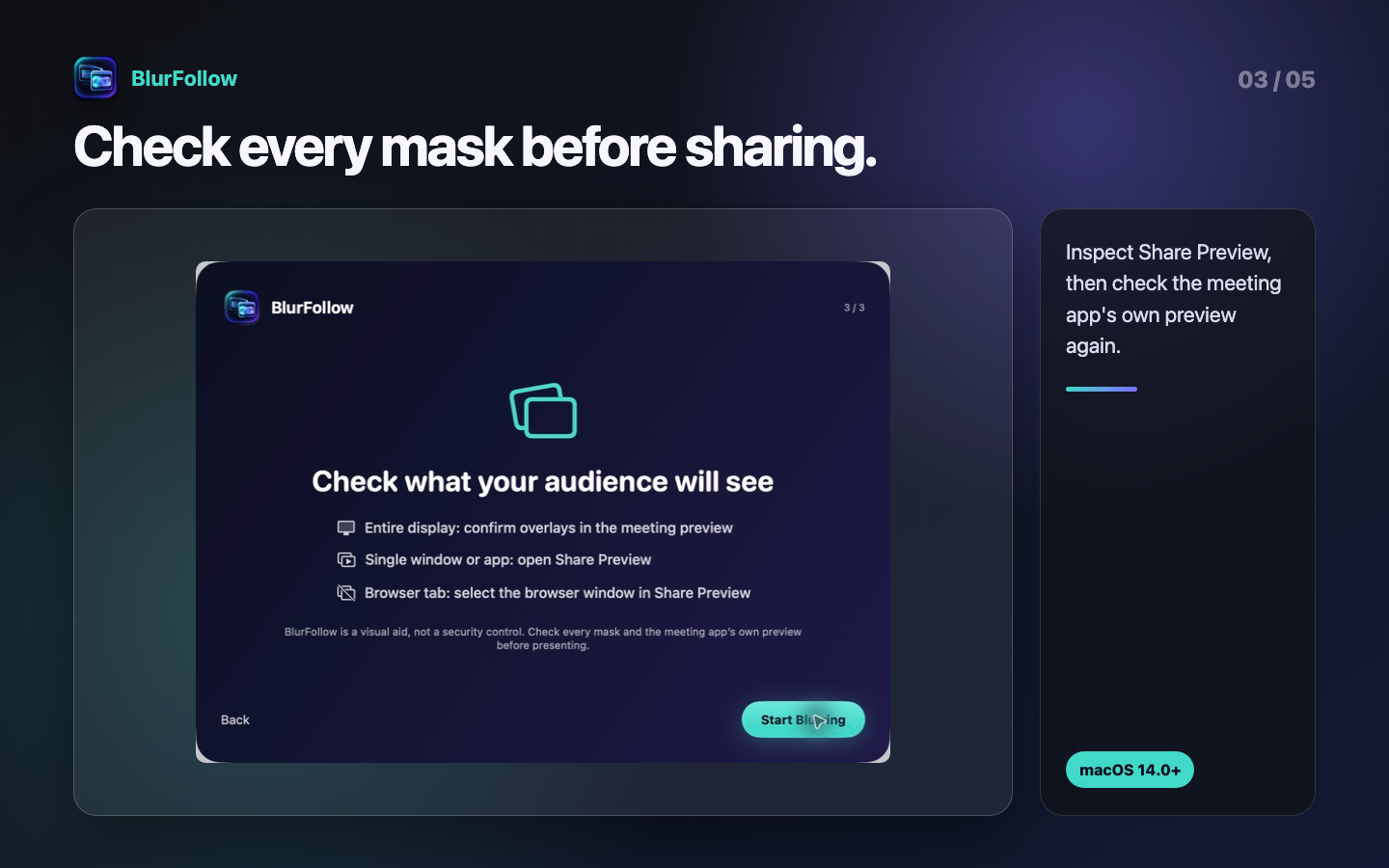 BlurFollow pre-share review screen listing full-display, single-window, and browser-tab checks