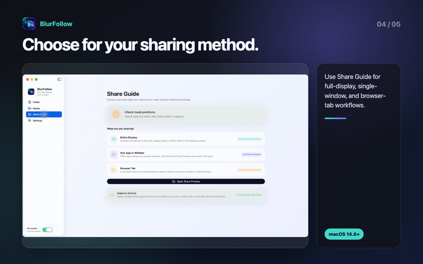 BlurFollow Share Guide explaining full-display, single-window, and browser-tab workflows