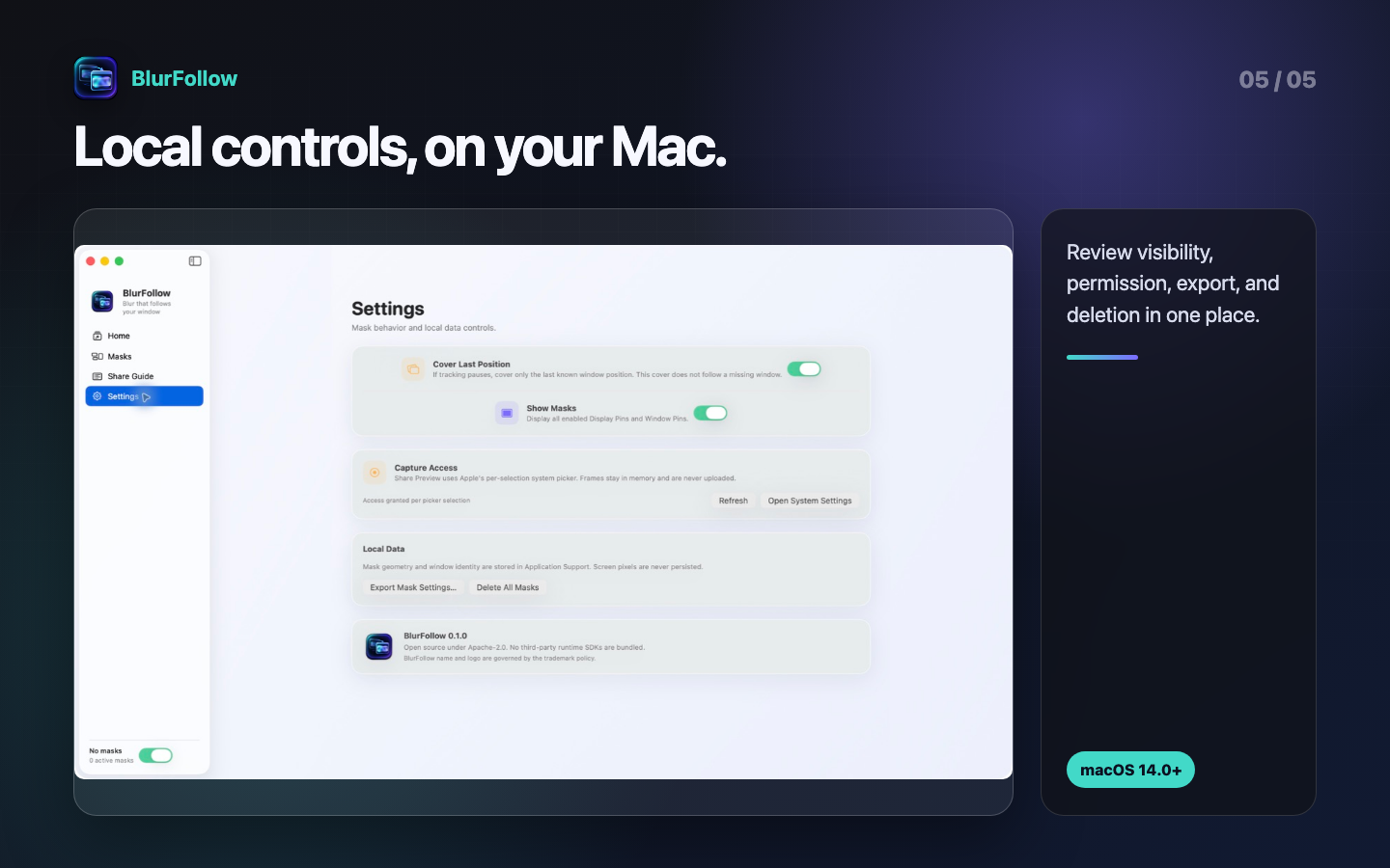 BlurFollow Settings screen showing mask visibility, Screen Recording access, local export and deletion, version, and license information