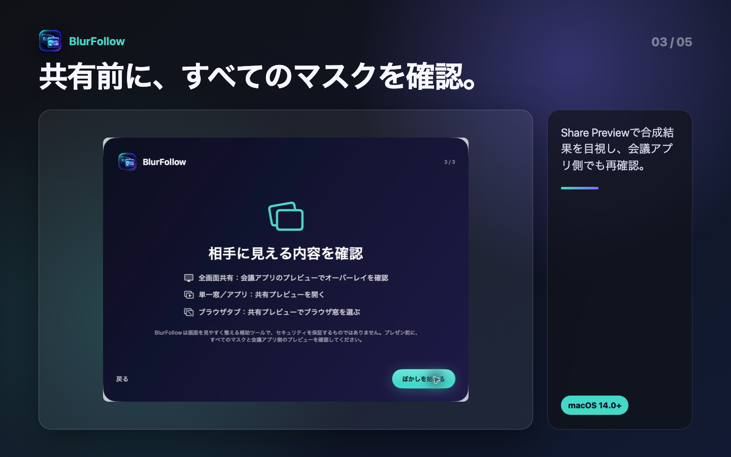 共有前の確認手順を案内するBlurFollowの初回画面
